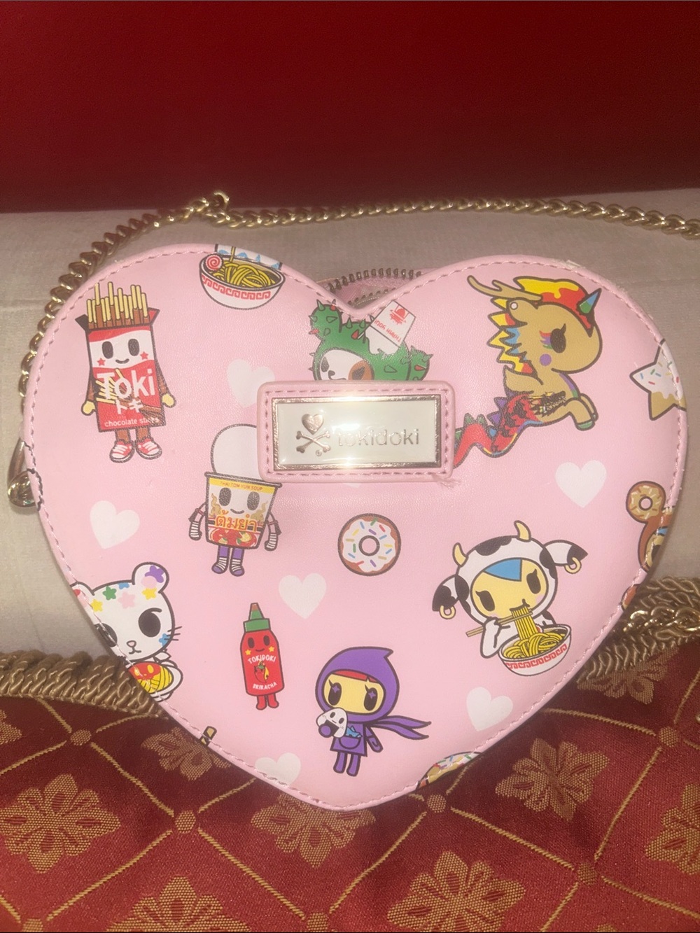 tokidoki Pink Heart-Shaped Character Crossbody Bag with Gold Chain